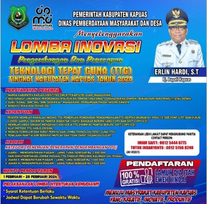 Pemkab Kapuas Buka Pendaftaran Lomba Inovasi TTG, Berikut Syaratnya