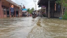 Banjir dari luapan sungai Martapura dengan arus yang deras di Murung Kenanga, Martapura, Kabupaten Banjar, Rabu (29/1/2025). foto-haris.