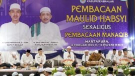 Pemkab Banjar menggelar acara pembacaan Maulid Habsyi dan Manaqib Syekh Muhammad Samman Al Madani di Aula KH Kasyful Anwar, Indrasari, Martapura, Rabu (12/2/2025) siang. foto-RSB