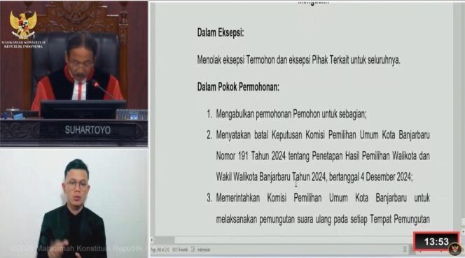 
 MK putuskan pemungutan suara ulang pada Pilkada Kota Banarbaru. foto-capture MK