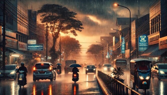 
 Ilustrasi hujan lebat. foto-AI