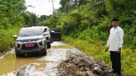 Wakil Bupati Kotabaru, Syairi Mukhlis, meninjau kondisi jalan rusak di Kecamatan Sampanahan pada Selasa (11/3/2025). foto-istimewa