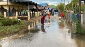 Warga Desa Teluk Selong Ulu, Martapura Barat, Kabupaten Banjar menyikat jalan yang licin akibat terlalu lama terendam banjir. foto-istimewa 