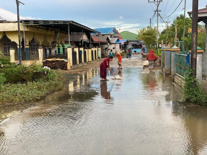 
 Warga Desa Teluk Selong Ulu, Martapura Barat, Kabupaten Banjar menyikat jalan yang licin akibat terlalu lama terendam banjir. foto-istimewa 