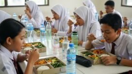 Ilustrasi siswa sekolah sedang makan bergizi gratis. Foto: Gemini/Ai
