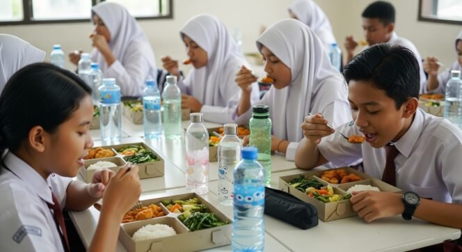 
 Ilustrasi siswa sekolah sedang makan bergizi gratis. Foto: Gemini/Ai