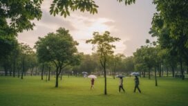 Ilustrasi cuaca berawan dan hujan ringan. Foto: Gemini/Ai