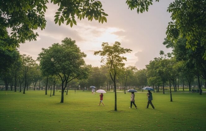 
 Ilustrasi cuaca berawan dan hujan ringan. Foto: Gemini/Ai
