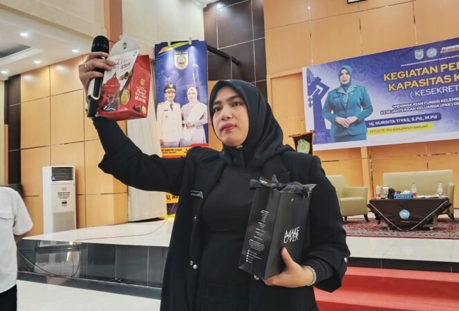 
 Ketua Tim Penggerak PKK Kabupaten Banjar, Hj Nurgita Tiyas, saat jadi pemateri Peningkatan Kapasitas Kader TP-PKK, di Aula Dinas Pendidikan Banjar, Rabu (30/7/2025). Foto:Haris