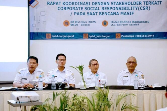 
 BPBD Banjar menggelar Rakor dengan stakeholder terkait program Corporate Social Responsibility (CSR), di Hotel Roditha, Banjarbaru, Rabu (8/10/2025). Foto: RSB