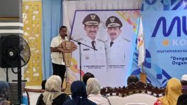 Irwan Bora saat sambutan usai terpilih sebagai Ketua Umum KONI Kabupaten Banjar periode 2026-2030 dalam Musorkab, di Martapura, Selasa (28/4/2026). Foto: Hendra Lianor
