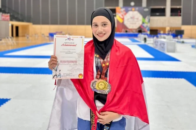 
 Polwan Polres Banjarbaru, Brigadir Ihya ‘Ainizzahra, meraih tiga medali pada ajang The 22nd WATA International Taekwondo Championship 2026 di Osaka, Jepang. Foto: istimewa