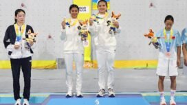 Rabu, 29 April 2026. NOC - ABG26 - NMA - Sport Climbing; Women's Speed Relay Medal Ceremony, GOLD - Desak Made Rita Kusuma Dewi-Kadek Adi Asih (INA) di Tianya Haijiao - Sanya, China