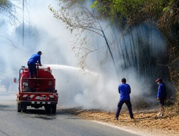 Petugas melakukan penanganan karhutla di di sisi Jalan Raya Pelaihari–Banjarmasin, Sabtu (15/8/2026).Foto Hadi Ricek.ID